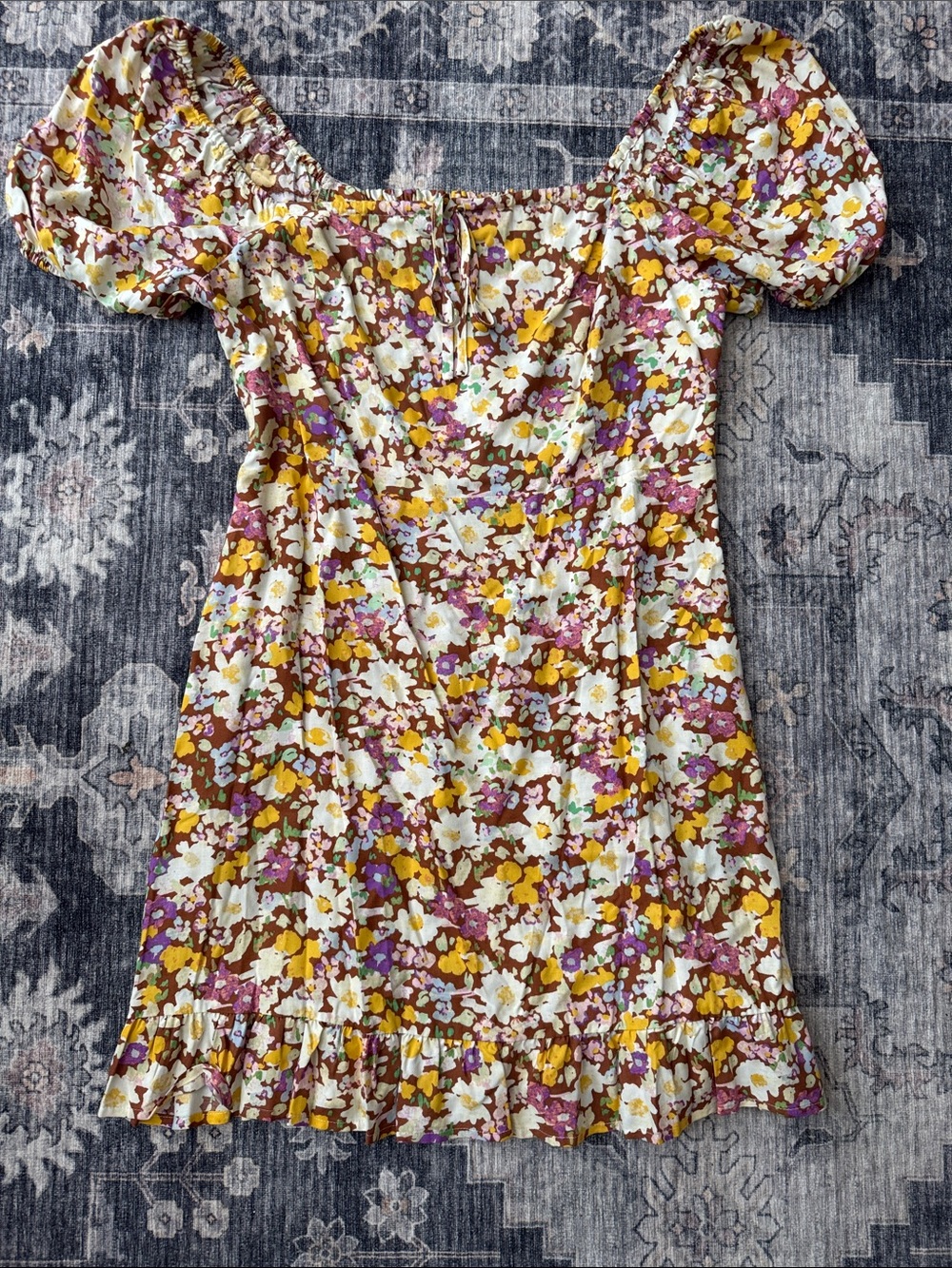Sanctuary Puff-Sleeve Floral Mini Dress in Yellow, White, and Purple
